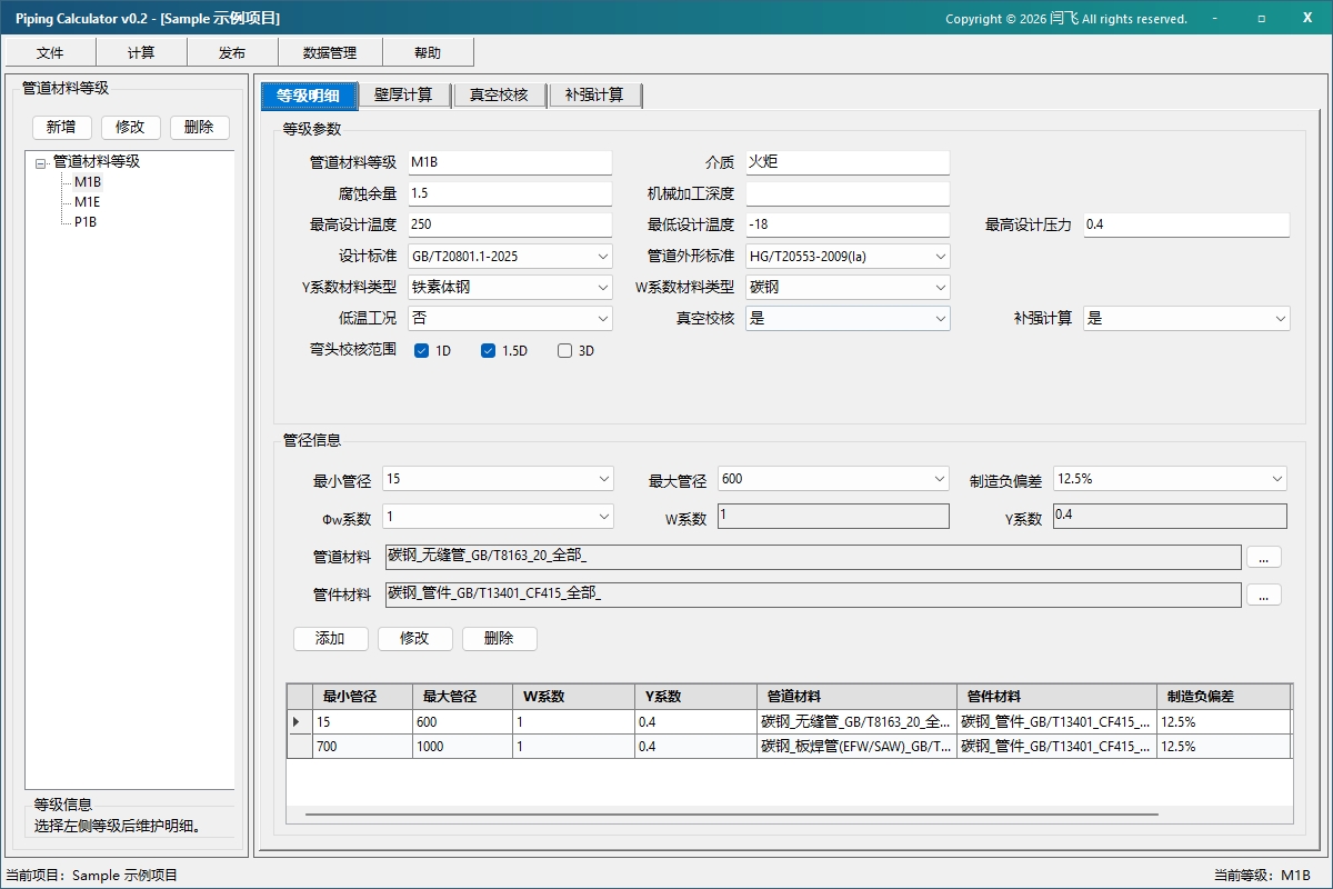 Piping Calculator 等级明细界面：左侧材料等级树，右侧等级参数与管径信息
